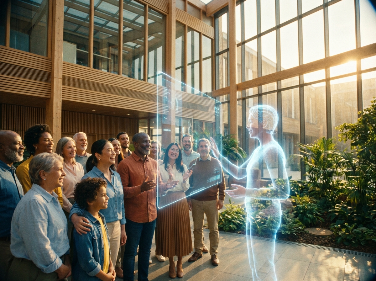A diverse group of people standing together in a bright modern environment, looking at a friendly holographic AI interface, sun-drenched lighting, warm atmosphere, 4:3, no text
