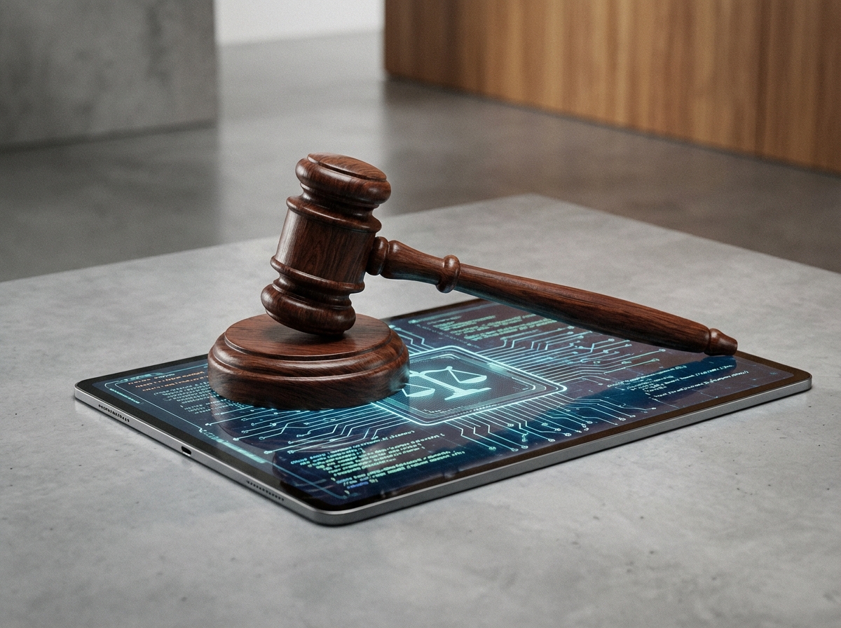 A professional wooden gavel resting on top of a futuristic digital tablet, representing law and digital regulation, balanced studio lighting, 4:3, no text
