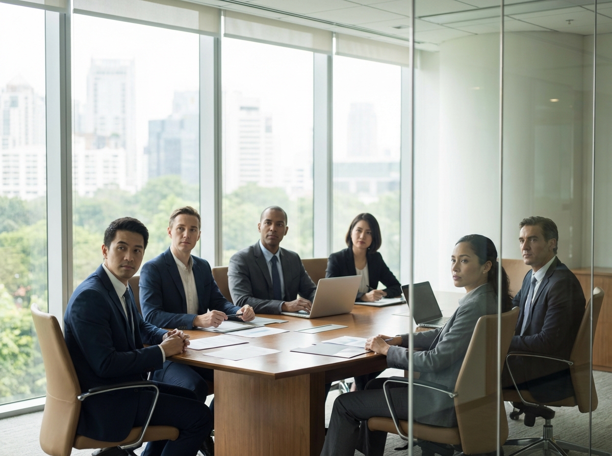A group of professional policy makers in a modern glass-walled meeting room looking serious, natural lighting, realistic lifestyle photography, aspect ratio 4:3, no visible text