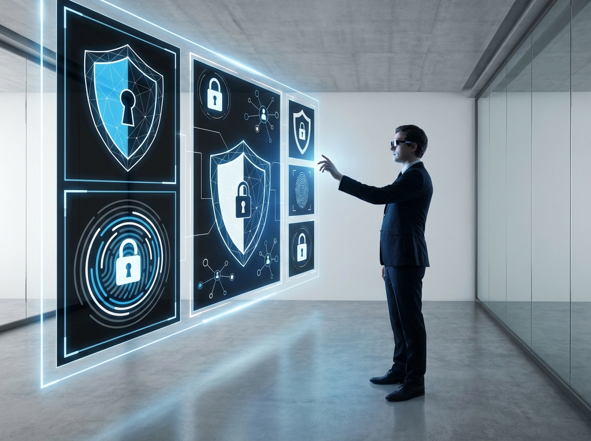 A clean and modern layout showing a person interacting with a futuristic interface focused on data protection, high contrast, informational style, aspect ratio 4:3, no visible text