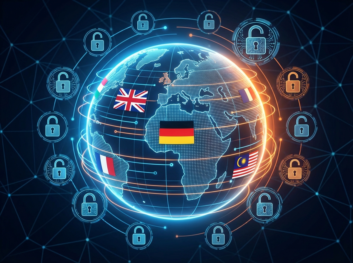 A professional infographic-style illustration showing a globe with various country flags like UK, Germany, and Malaysia, surrounded by digital lock icons. High contrast, clean modern layout, 4:3, no text.