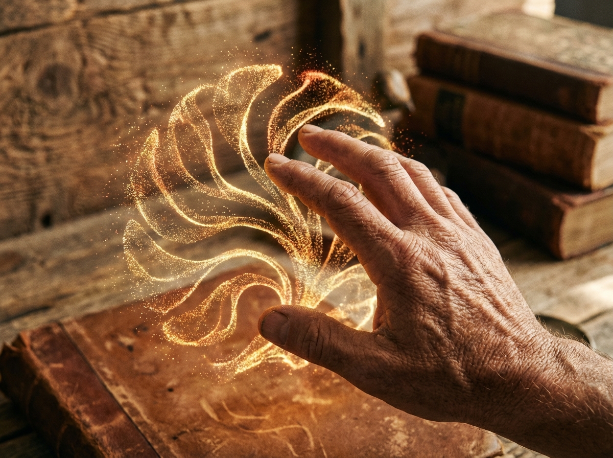 A detailed composition of a human hand touching a digital holographic light representing safe technology. Warm lighting, textured background, 4:3, no text.