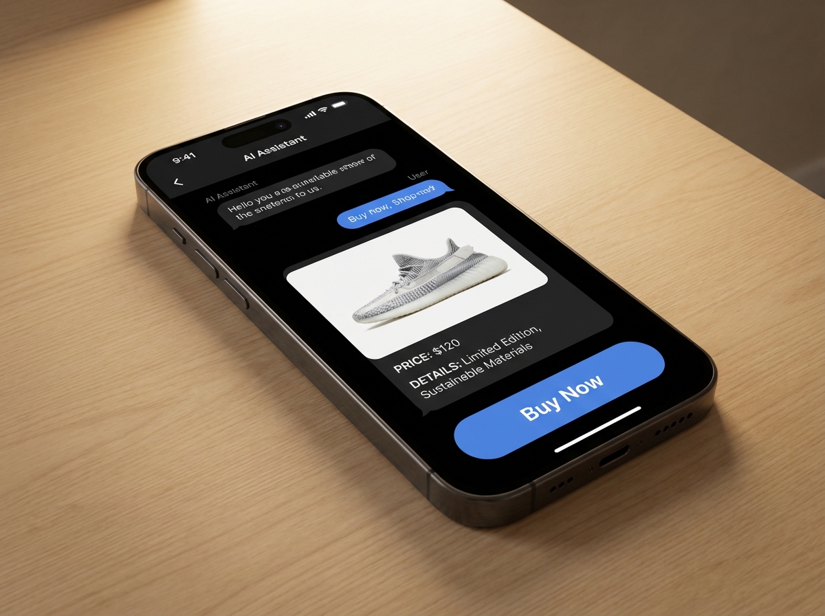 A sleek smartphone displaying a minimalist AI chat interface like Google Gemini with a prominent Buy Now button. The screen shows a stylish sneaker with price and product details. Modern soft lighting, 4:3 aspect ratio, no text.