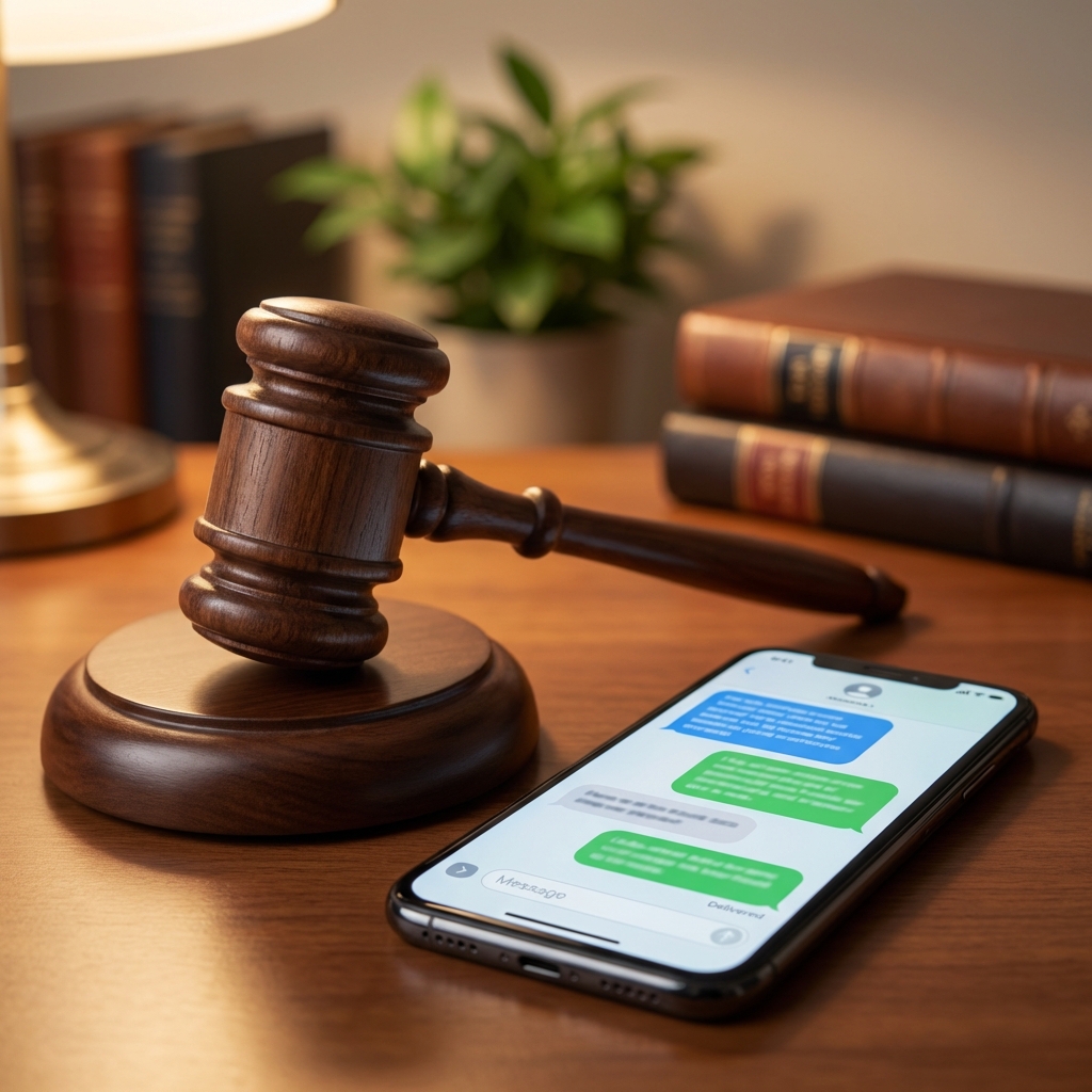 A wooden gavel placed next to a smartphone displaying a chat interface with text bubbles, professional photography, warm office lighting, 1:1 aspect ratio, no text