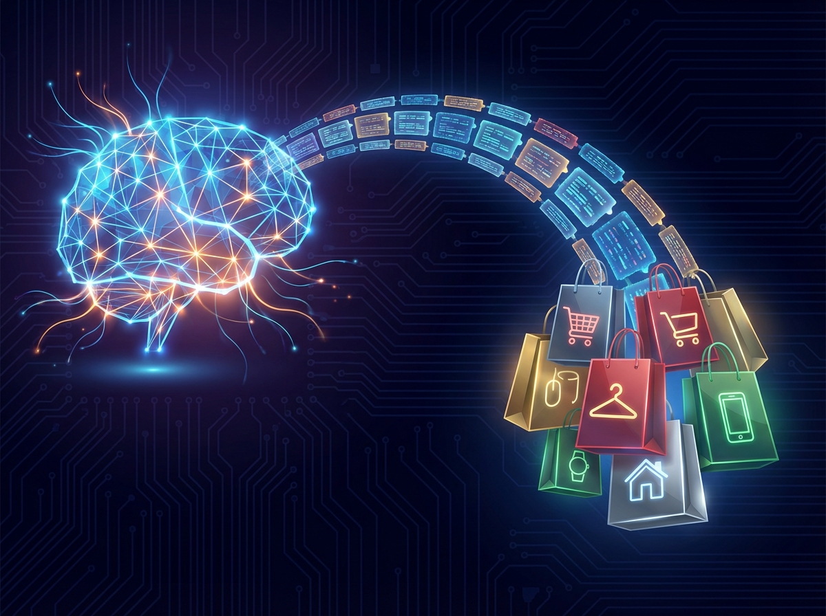 A conceptual illustration of a digital bridge connecting a glowing AI brain with logos of various retail stores represented by stylish shopping bags. High contrast, professional infographic style, 4:3 aspect ratio, no text.