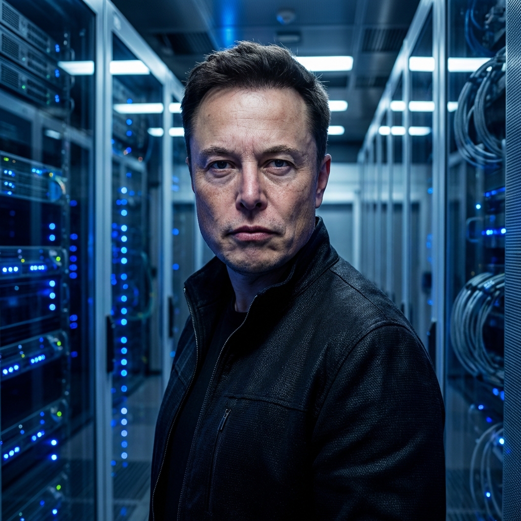 A portrait of a man looking like Elon Musk with a serious expression, background showing a futuristic tech lab with servers and blue lights, high contrast, 1:1 aspect ratio, no text