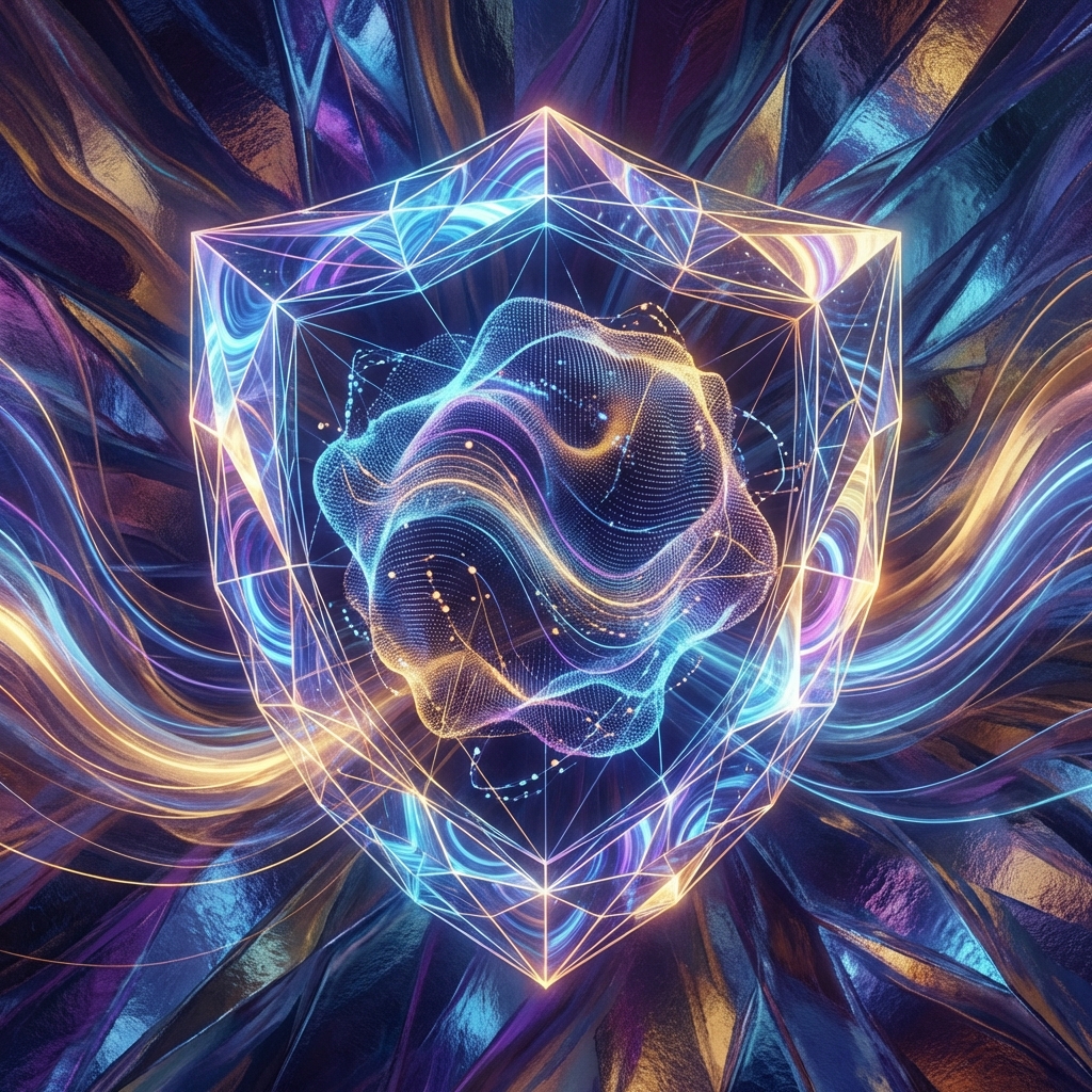 An abstract 3D illustration of a digital shield protecting a cloud of data, vibrant colors, textured background, artistic rendering, 1:1 aspect ratio, no text