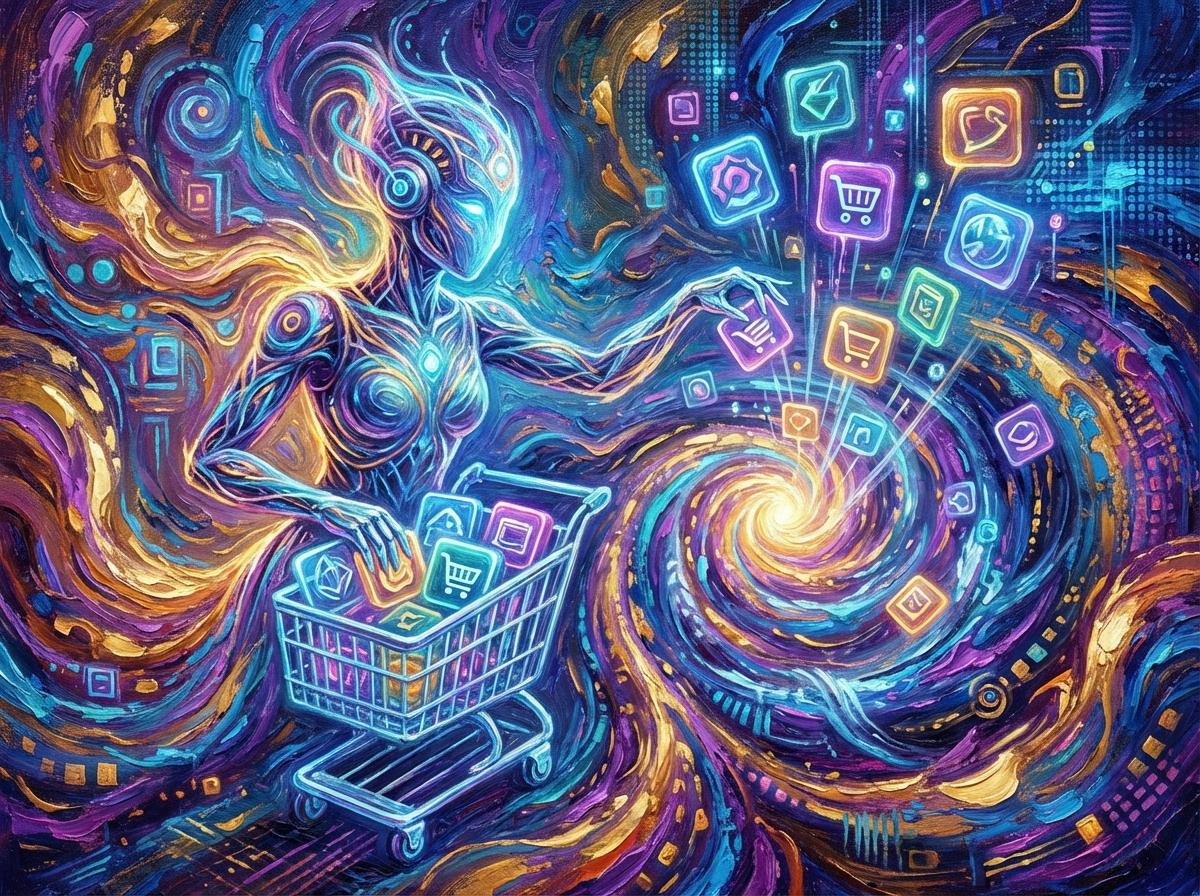 An artistic rendering of a futuristic digital assistant organizing a virtual shopping cart with glowing icons. Textured background, vibrant colors, centered focus, 4:3 aspect ratio, no text.