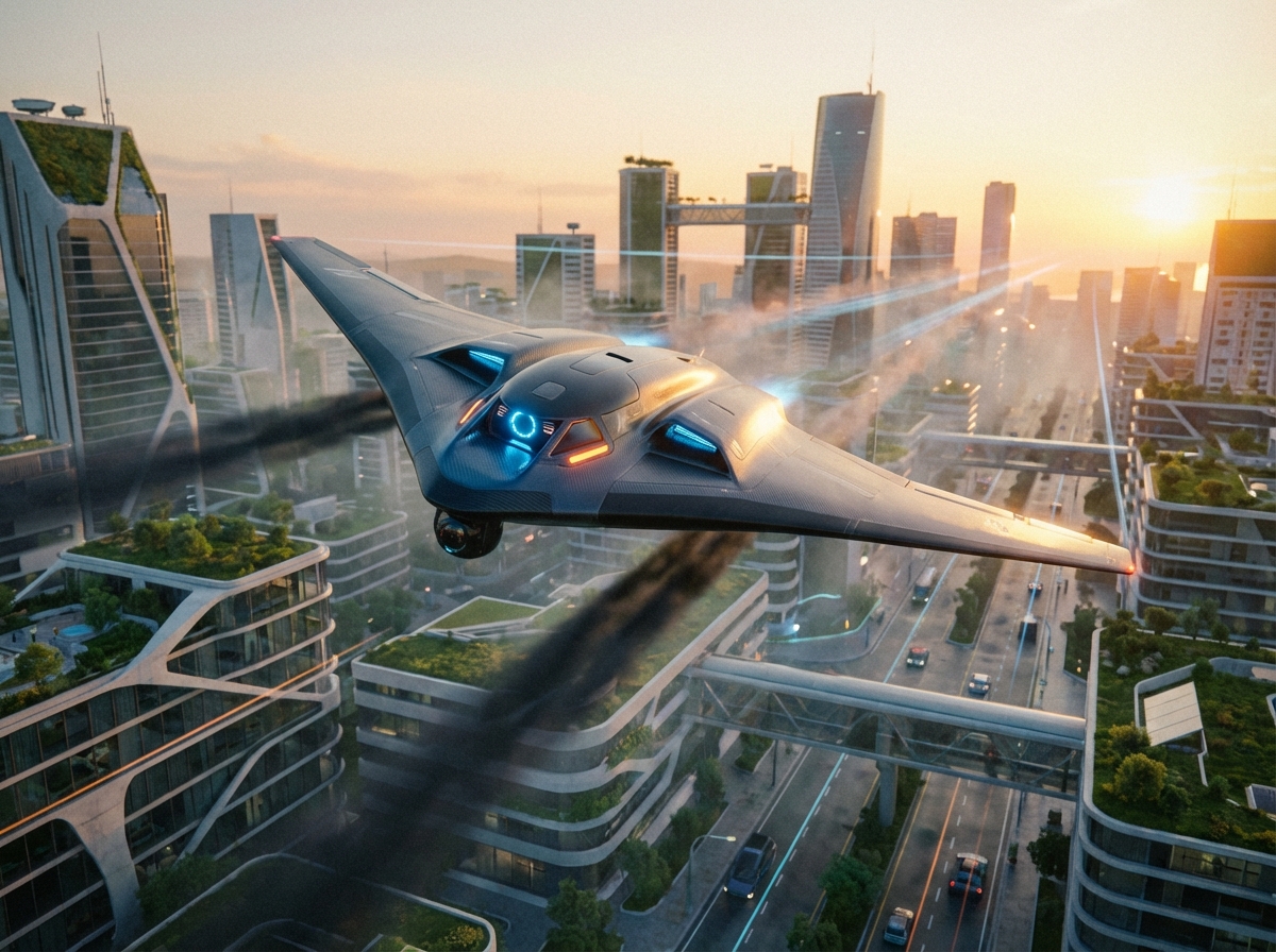 A futuristic autonomous defense drone flying over a modern landscape, sleek aerodynamic design, integrated AI sensors glowing subtly, cinematic lighting, high-tech atmosphere, aspect ratio 4:3, no text.