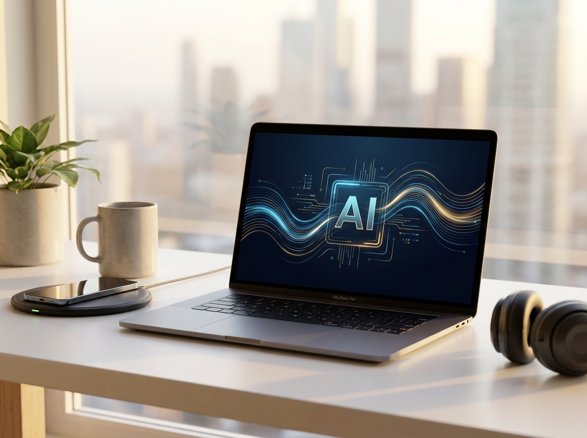 A clean and modern office desk with a MacBook showing a sophisticated AI interface, soft morning light, high-tech workspace atmosphere, 4:3 aspect ratio, no visible text.