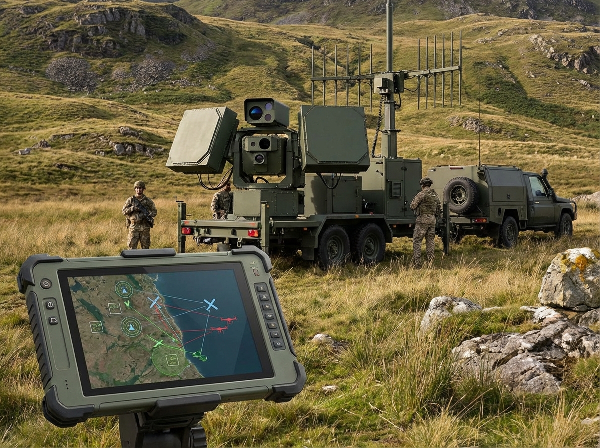 A sophisticated drone interception platform in a field, advanced sensors and antennas, a rugged tablet in foreground showing a tactical interface with radar icons, realistic outdoor setting, aspect ratio 4:3, no text.