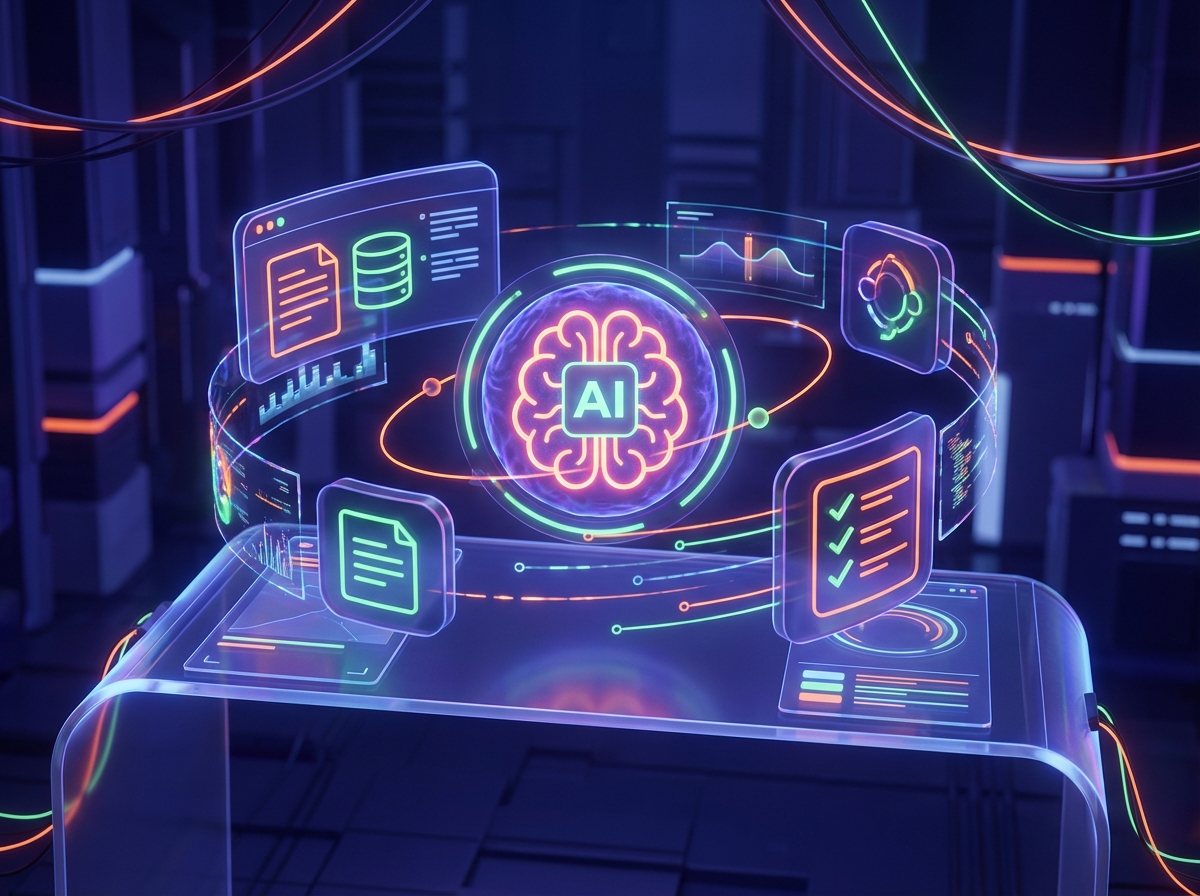 Detailed composition showing interconnected digital apps like Notion and Asana with a central AI node, futuristic digital workspace, high contrast, 4:3 aspect ratio, no visible text.