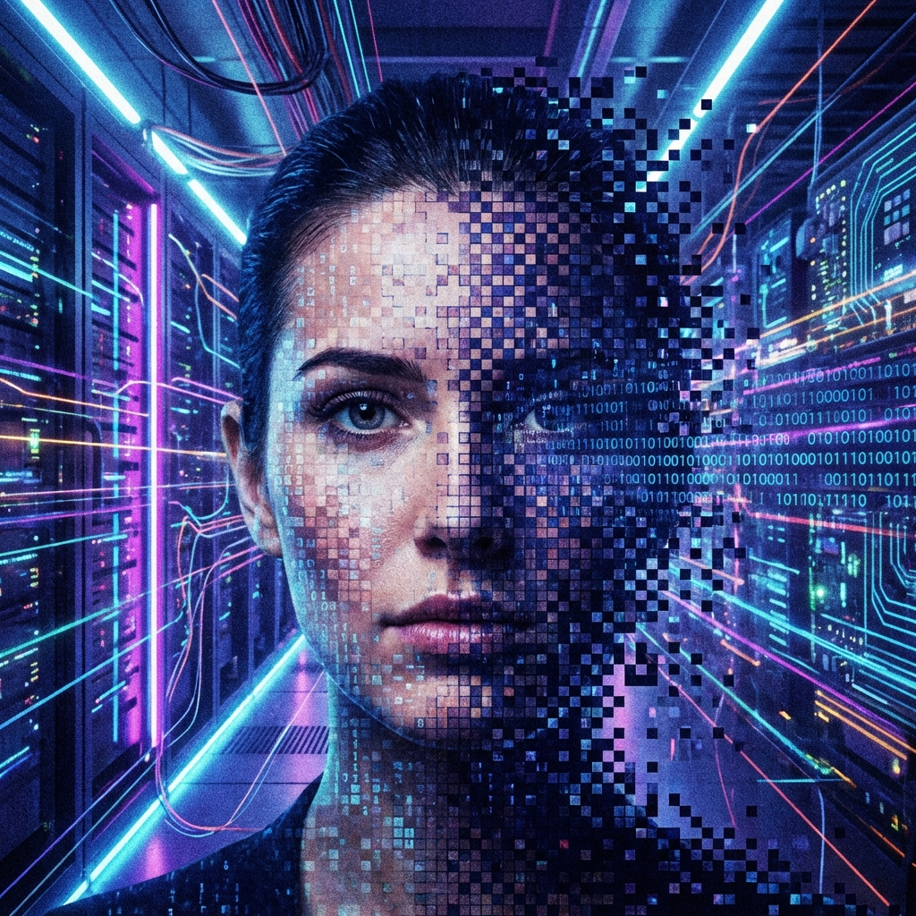 A symbolic representation of digital deepfake technology, a half-realistic human face merging with digital pixels and binary code, dark blue and purple neon lighting, high-tech atmosphere, 1:1 aspect ratio, no text