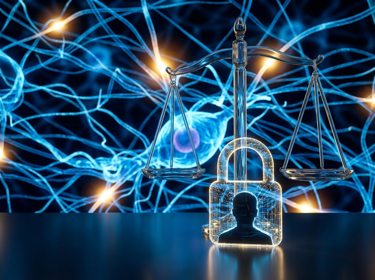 A conceptual image representing digital law and AI safety. A glass scales of justice integrated with a glowing neural network background. In the foreground, a digital padlock protecting a portrait silhouette. Modern cinematic lighting, blue and gold color palette, high contrast, 4:3 aspect ratio, no visible text.