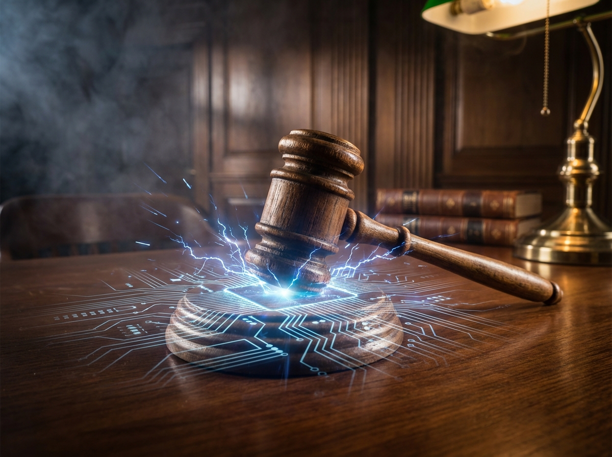 A wooden judge gavel striking a glowing digital circuit board, sparks of blue light, cinematic lighting, professional legal setting, high contrast, 4:3 aspect ratio, no text