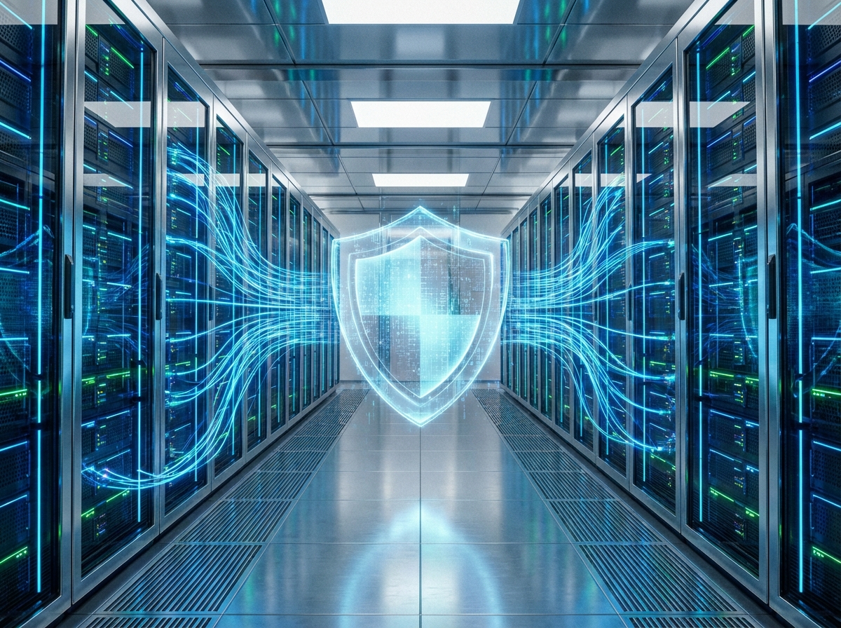 A futuristic data center with glowing servers and blue fiber optic cables. A holographic shield icon floating in the center of the aisle, symbolizing protection and regulation. Professional photography style, wide angle view, 4:3 aspect ratio, no visible text.