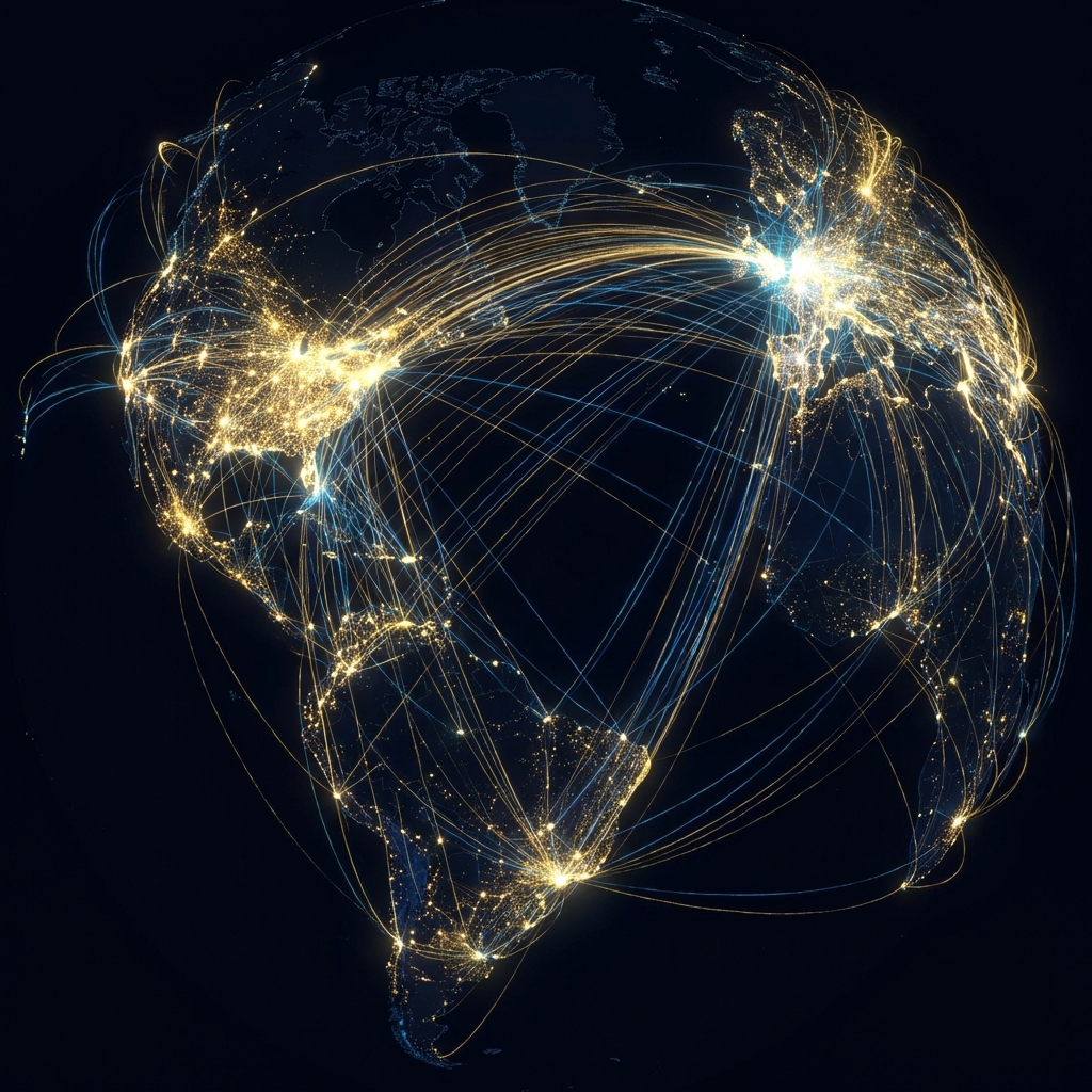 A complex global network map with glowing nodes connected by light streaks, representing international data flow and servers, dark background, golden and blue light, 1:1 aspect ratio, no text