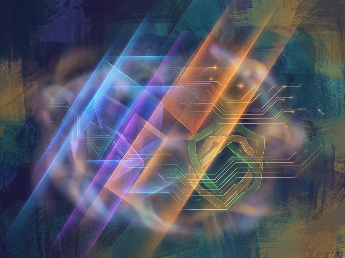 An abstract digital artwork representing cyber security and personal privacy. Layers of translucent geometric shapes, soft light rays, glowing patterns of data protection. Artistic rendering, textured background, warm and cool color mix, 4:3 aspect ratio, no visible text.