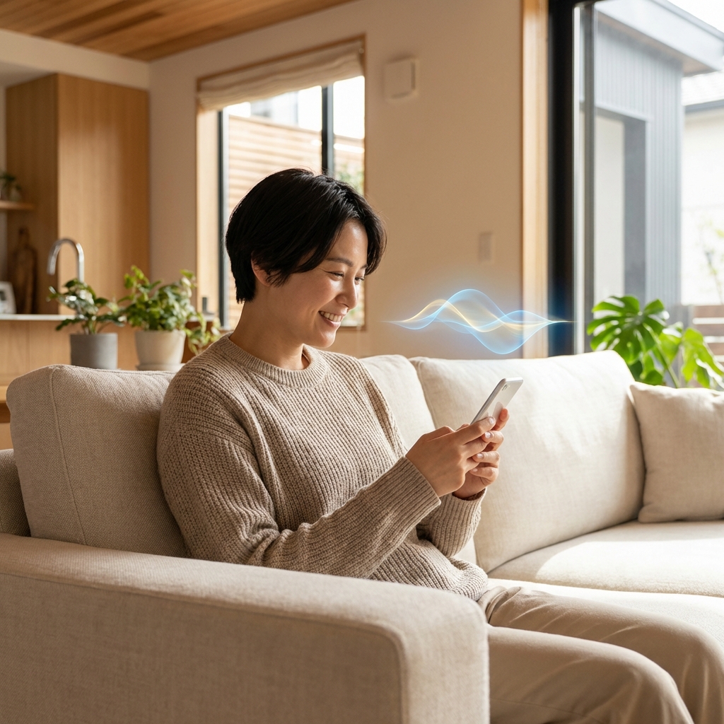 A person sitting in a modern living room interacting with a smartphone, a friendly glowing holographic wave emerging from the phone representing a smart assistant, warm and natural lifestyle photography, 1:1 aspect ratio, no text