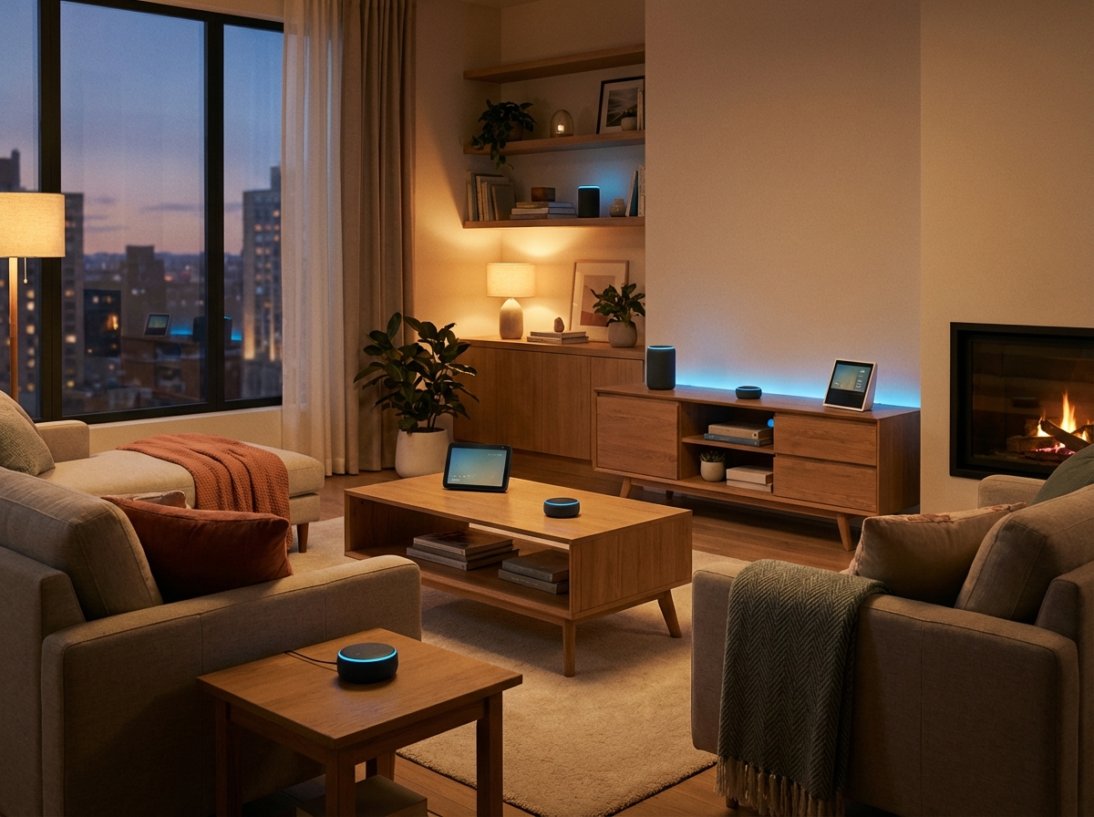 A cozy and modern smart home living room at evening, multiple Amazon Echo devices like Echo Dot and Echo Show placed on wooden tables and shelves, glowing with a soft blue ring light, warm interior lighting, realistic photography style, 4:3 aspect ratio, no visible text