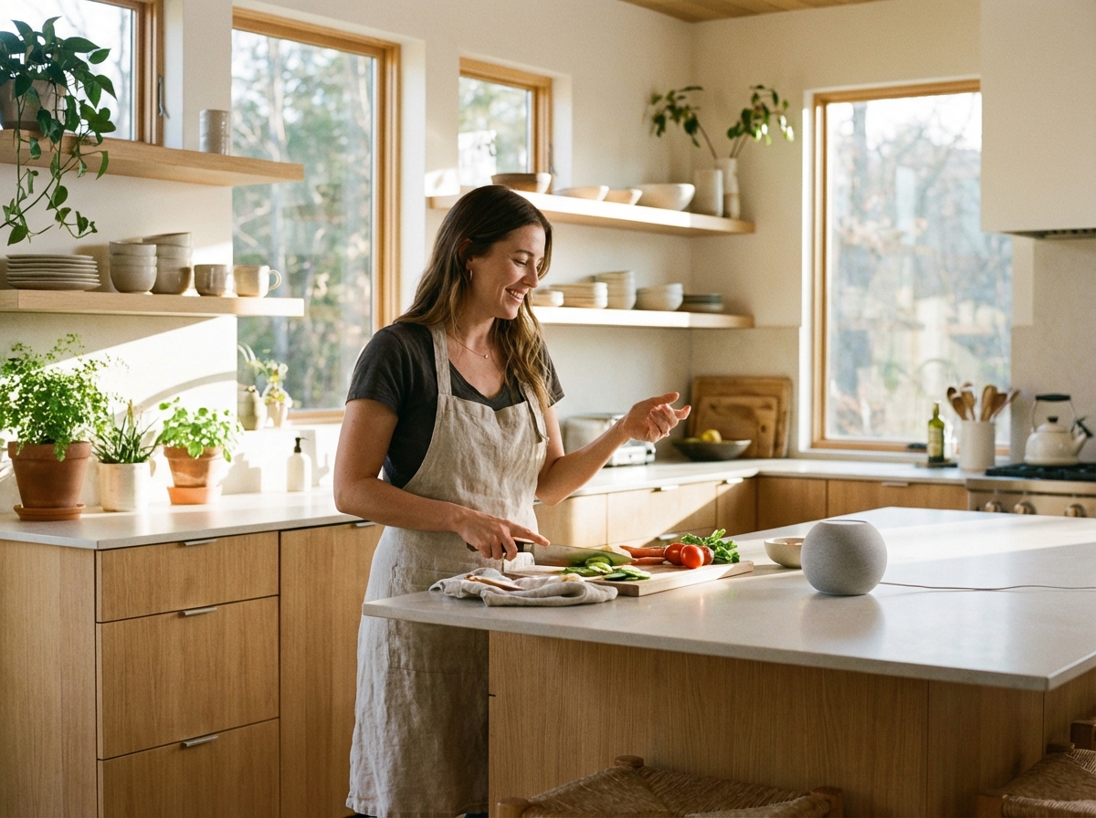 A person in a sunny modern kitchen comfortably talking to a smart speaker while preparing a meal, natural lifestyle photography, warm and bright atmosphere, high quality, 4:3 aspect ratio, no visible text