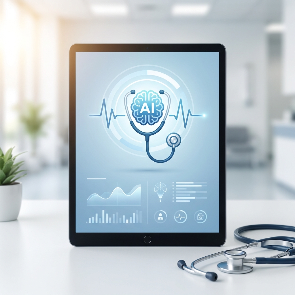 A clean and modern medical interface with a soft blue and white color scheme, featuring a stylized AI logo integrated with healthcare symbols like a stethoscope and a heartbeat line. The setting is a professional medical environment, 1:1 aspect ratio, no text.