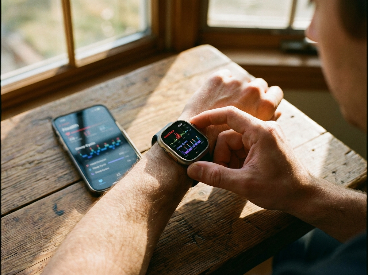 A person checking a high-tech smartwatch on their wrist, the screen showing vibrant health data charts like heart rate and sleep patterns. A smartphone with a matching health app is in the background on a wooden table. Warm and natural lifestyle lighting, 4:3 aspect ratio, no text.
