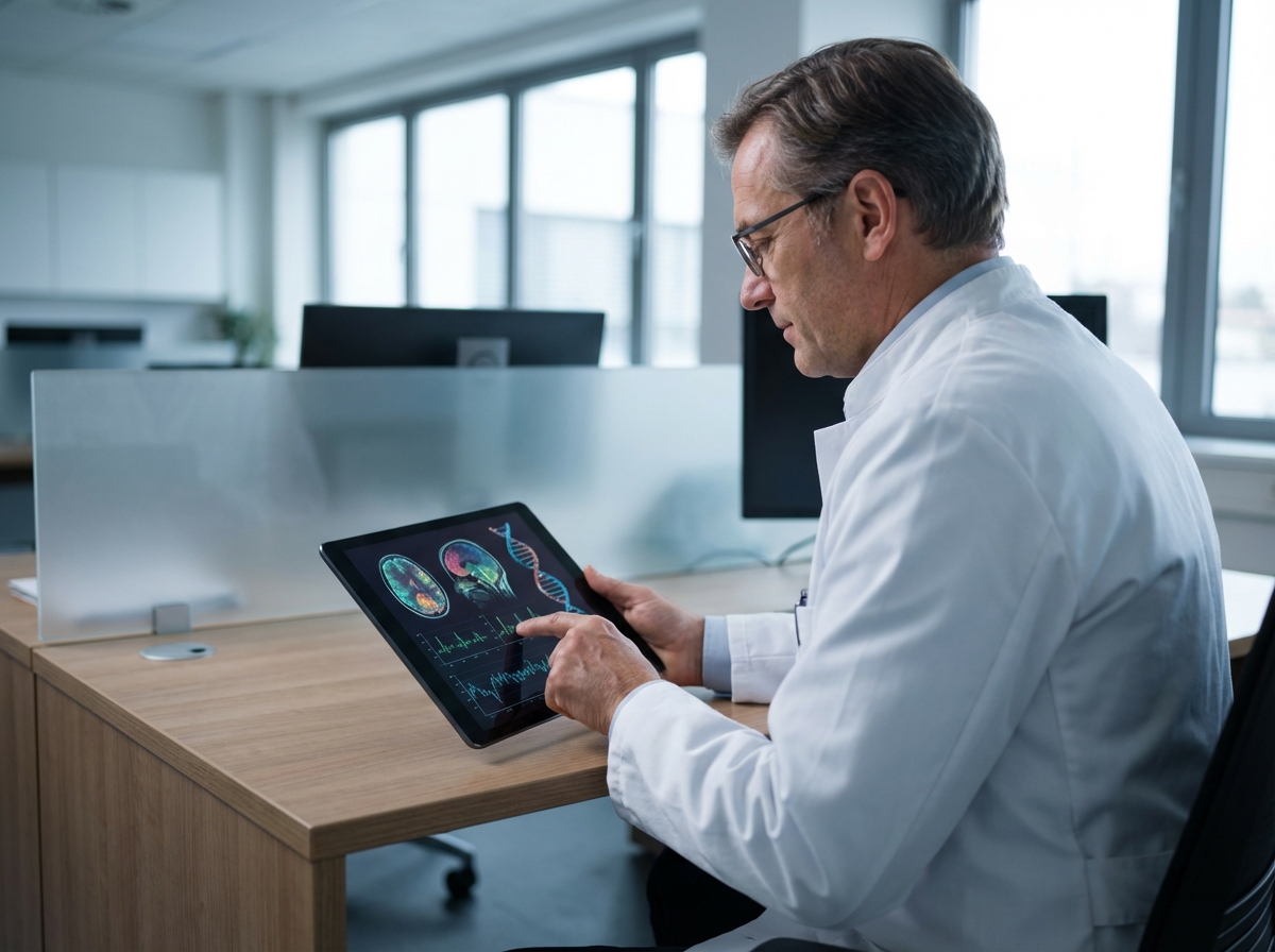 A professional doctor in a white coat using a sleek tablet computer. The screen displays complex medical visualizations, DNA structures, and data charts. The environment is a clean, modern medical office with soft lighting. Focused and professional atmosphere, 4:3 aspect ratio, no text.