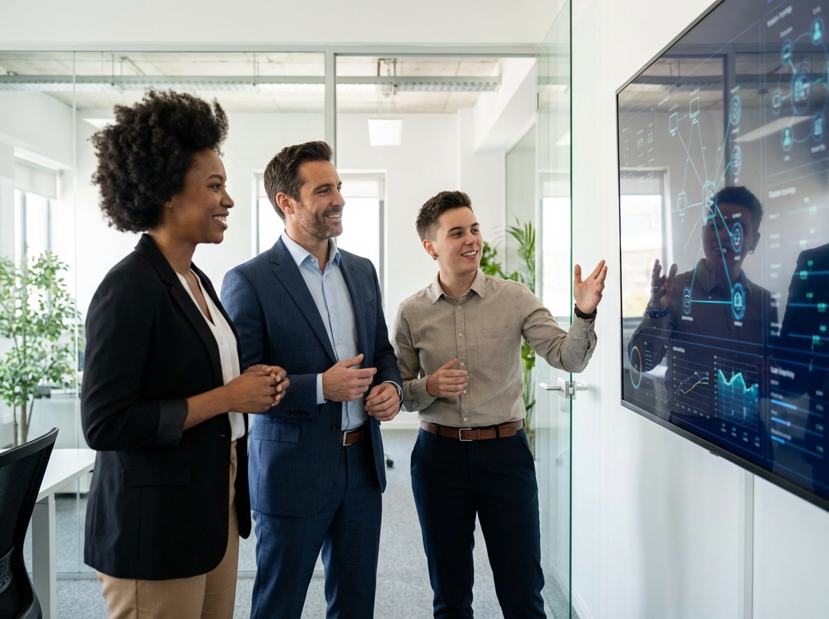 Three diverse professional tech executives standing in front of a digital screen with complex network diagrams, natural lighting, office setting, modern professional style, 4:3 aspect ratio, no text