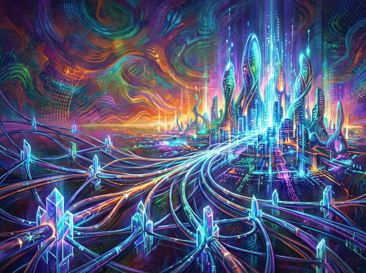 High tech energy grid connected to a glowing digital city, artistic rendering, textured background, vibrant colors, 4:3 aspect ratio, no text