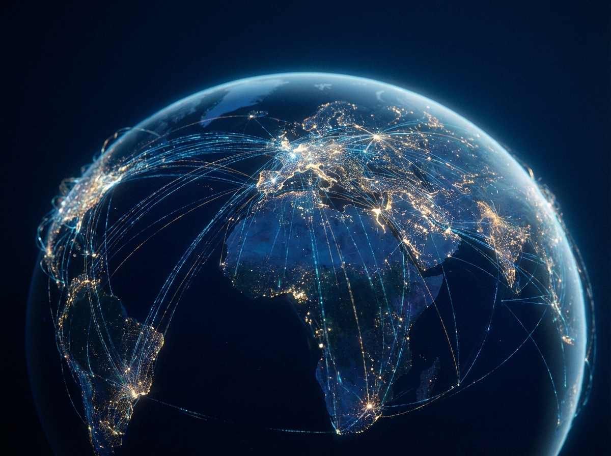 A global map with interconnected glowing nodes and data streams, dark blue background, cinematic wide focus, 4:3 aspect ratio, no text