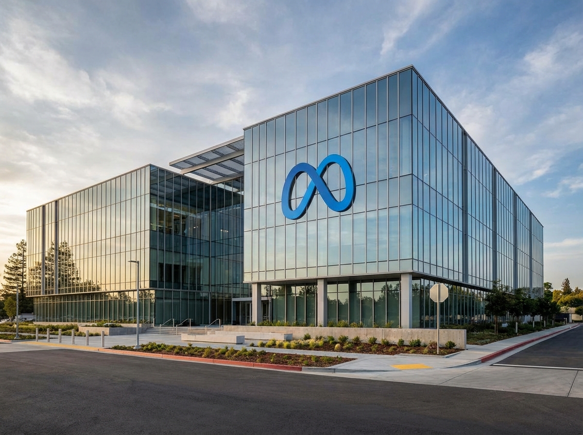 A sleek and modern corporate headquarters building with a large logo of Meta, daylight, professional photography style, high contrast, 4:3 aspect ratio, no text.