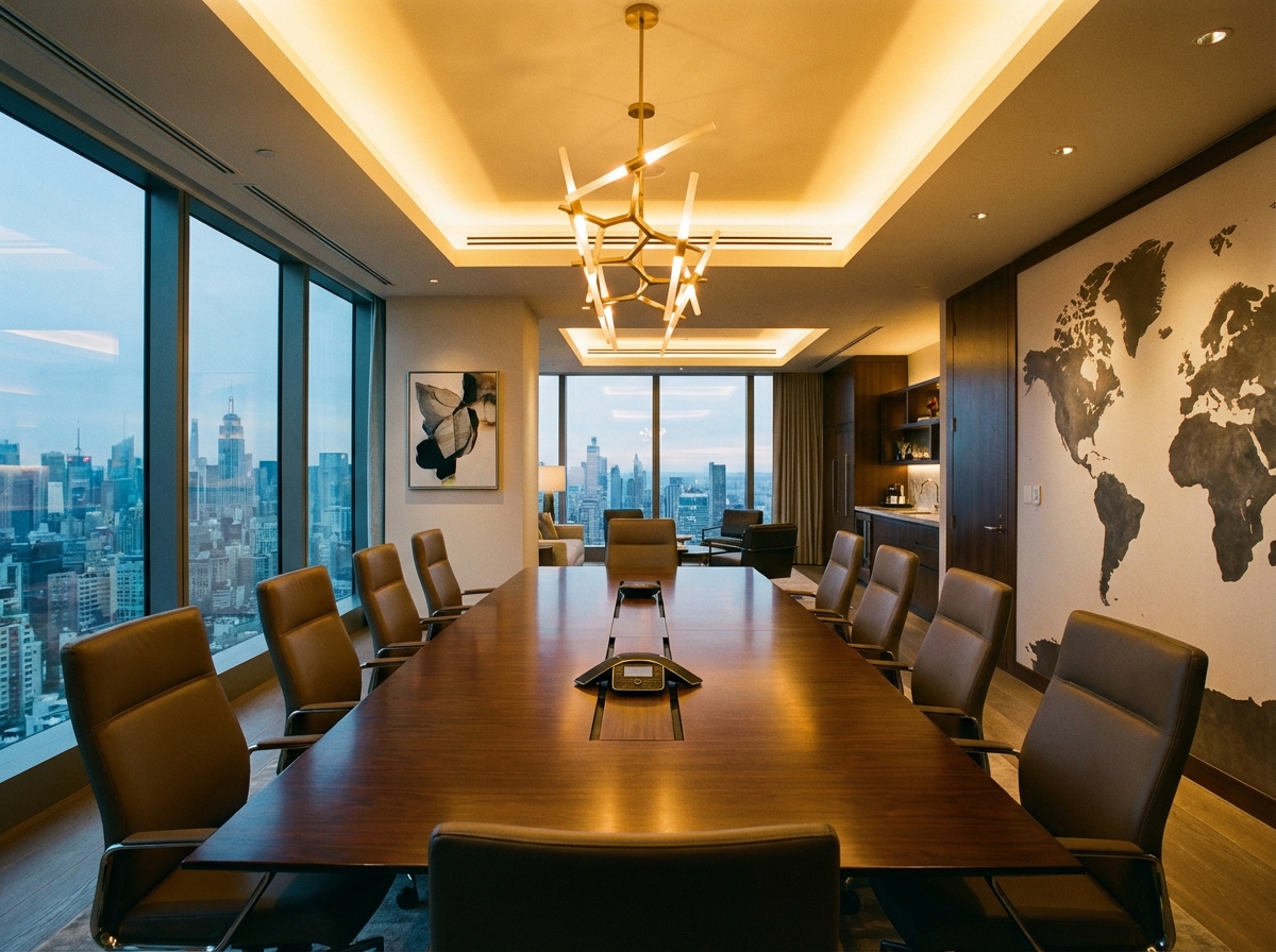 A sophisticated high-end executive board room with a view of a global city skyline through windows, symbolizing high-level corporate strategy and finance, warm professional lighting, 4:3 aspect ratio, no text.