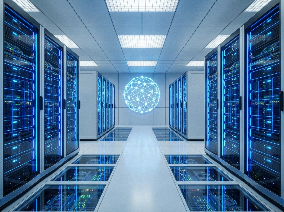 Modern data center or AI server architecture with glowing blue lights, symbolic of technological growth and digital infrastructure, clean and detailed layout, 4:3 aspect ratio, no text.