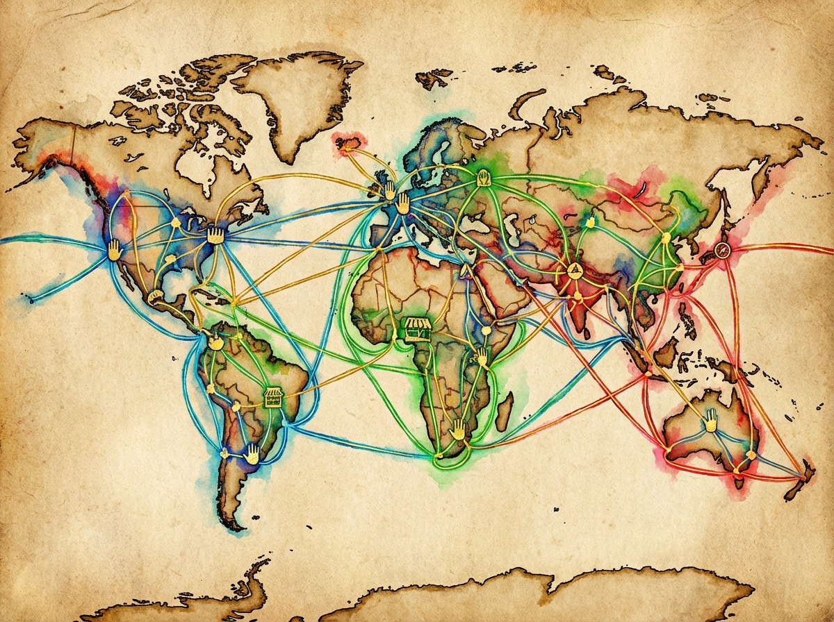 An artistic illustration of global connections with lines and nodes across a world map, vibrant colors, textured background, representing global relationships and market expansion, 4:3 aspect ratio, no text.