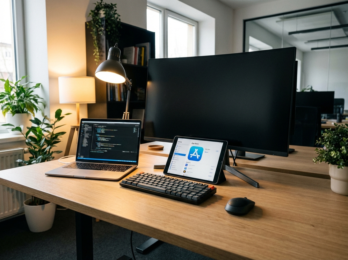 A professional and clean workspace of a software developer with a MacBook Pro and an iPad showing an app development interface, App Store logo visible on a screen, warm indoor lighting, modern tech aesthetic, 4:3 aspect ratio, no text.
