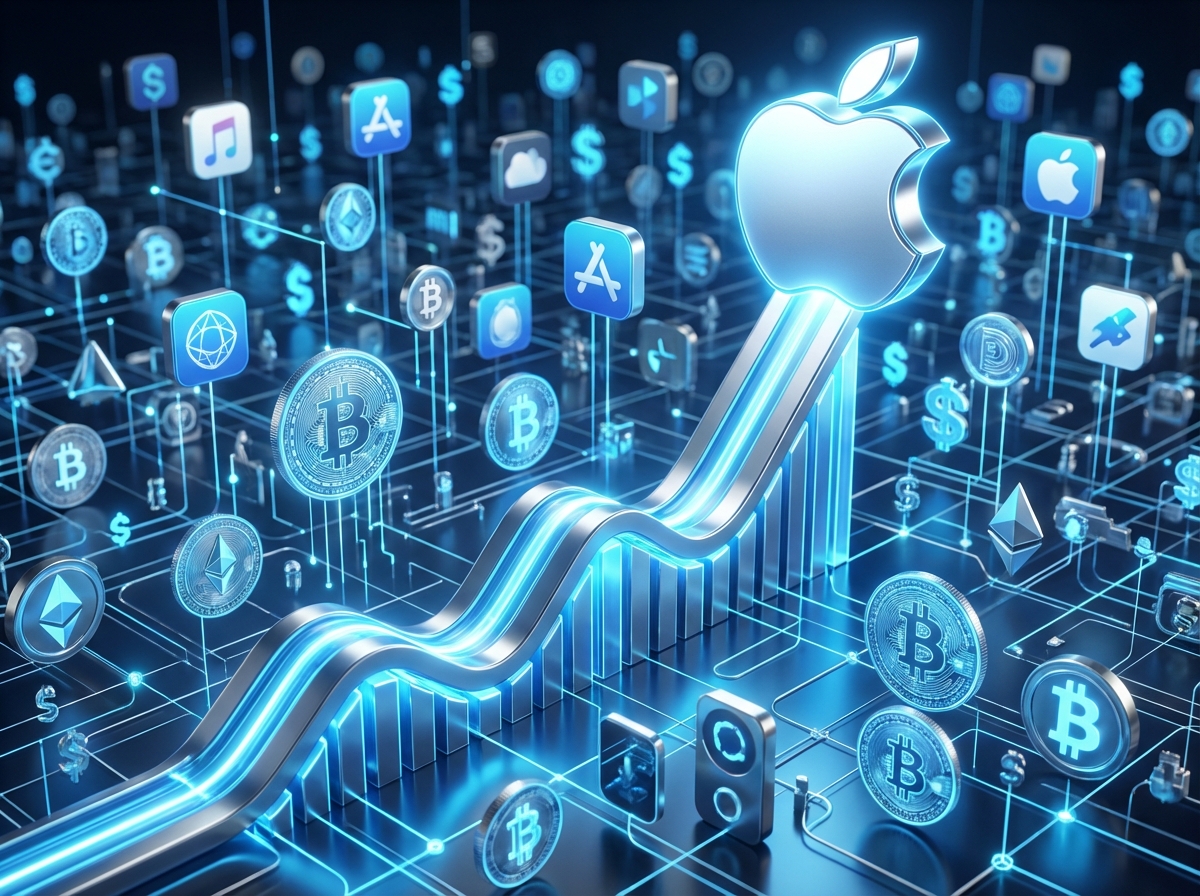 A modern 3D infographic showing a glowing upward growth curve with an Apple logo, background featuring abstract digital currency and app icons, high contrast, vibrant blue and silver colors, 4:3 aspect ratio, no text.
