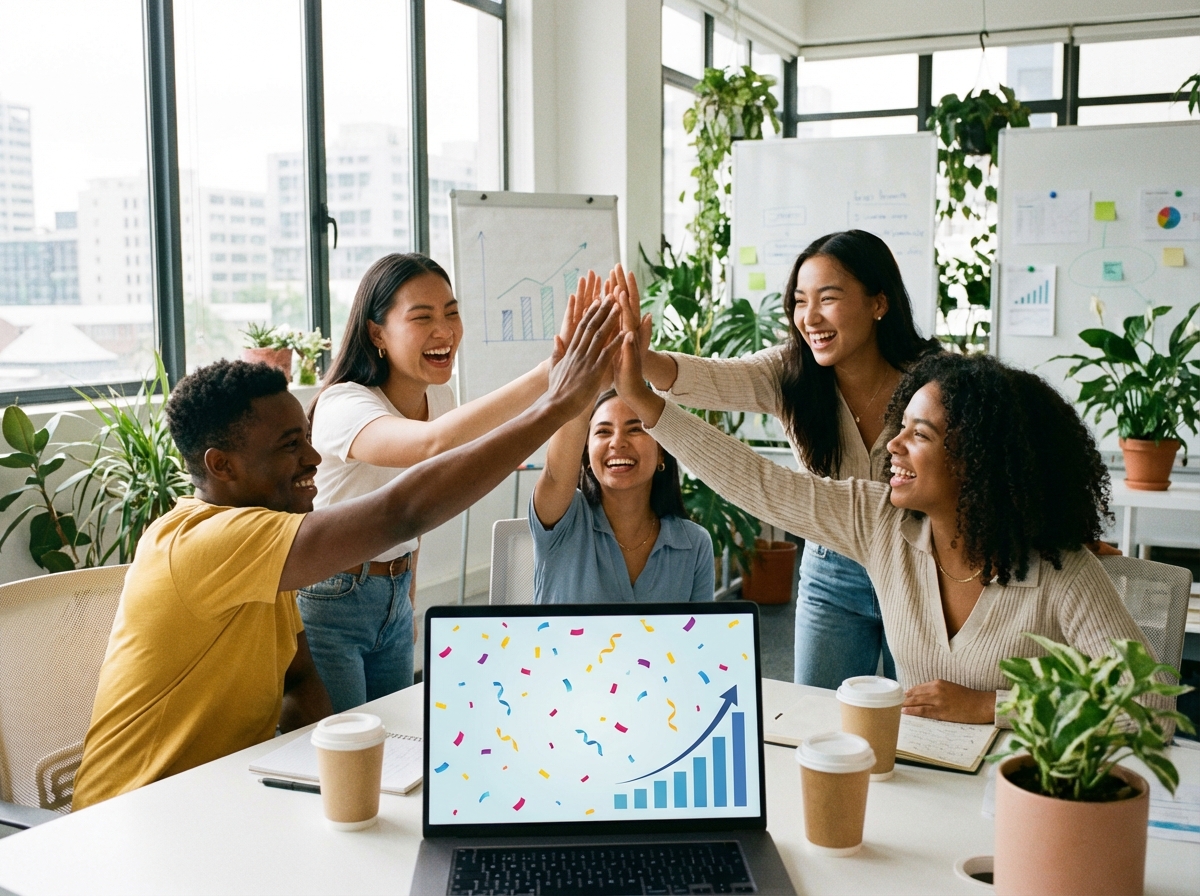 A group of diverse young entrepreneurs in a bright office high-fiving and smiling, looking at a laptop screen with celebratory digital confetti, natural lighting, realistic style, 4:3 aspect ratio, no text.