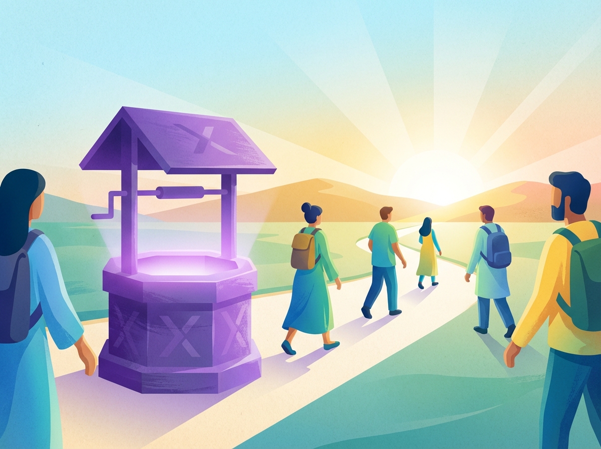A conceptual illustration of people walking away from a glowing purple digital well towards a bright, clean horizon. The well has a subtle X shape. Modern flat style illustration with textured background. 4:3 aspect ratio, bright and hopeful colors, no text.