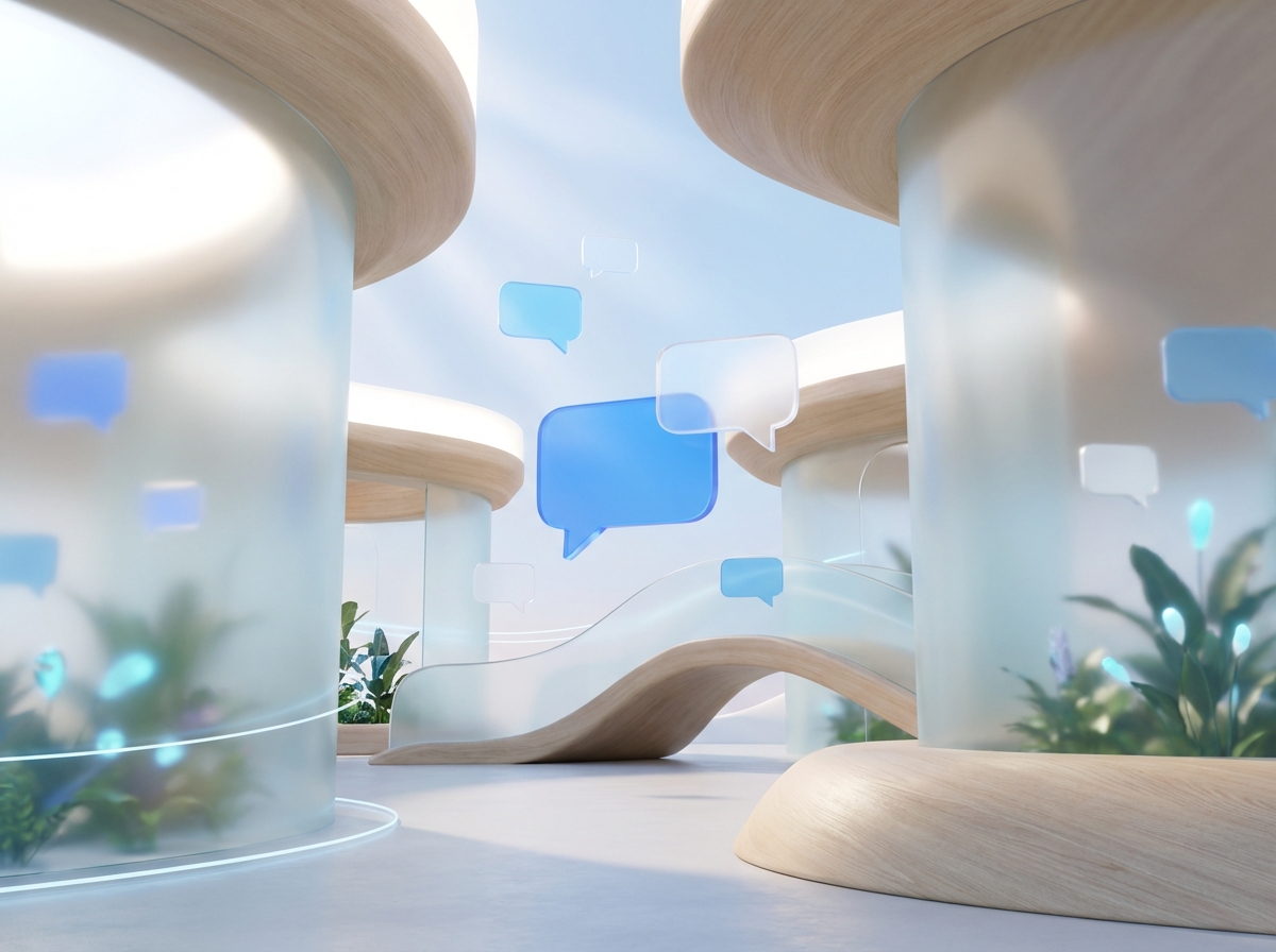 A clean and minimalist digital space representing a safe social media platform. Floating blue and white chat bubbles, soft natural lighting, high-tech but friendly aesthetic. 4:3 aspect ratio, visually rich composition, no text.