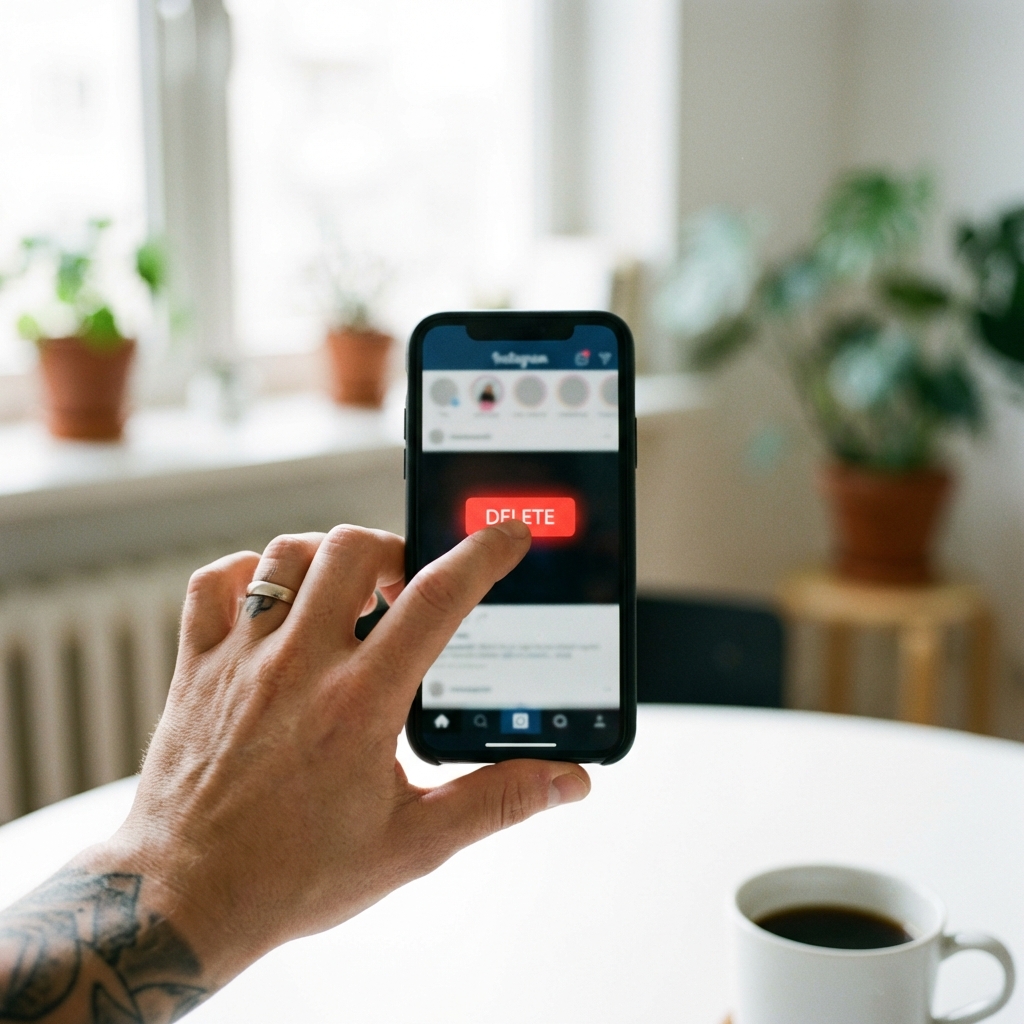 A close-up lifestyle photography of a hand holding a smartphone and pressing the delete button on an app. Bright natural daylight, soft focus background, clean and modern setting. 1:1 aspect ratio, high resolution, no text.