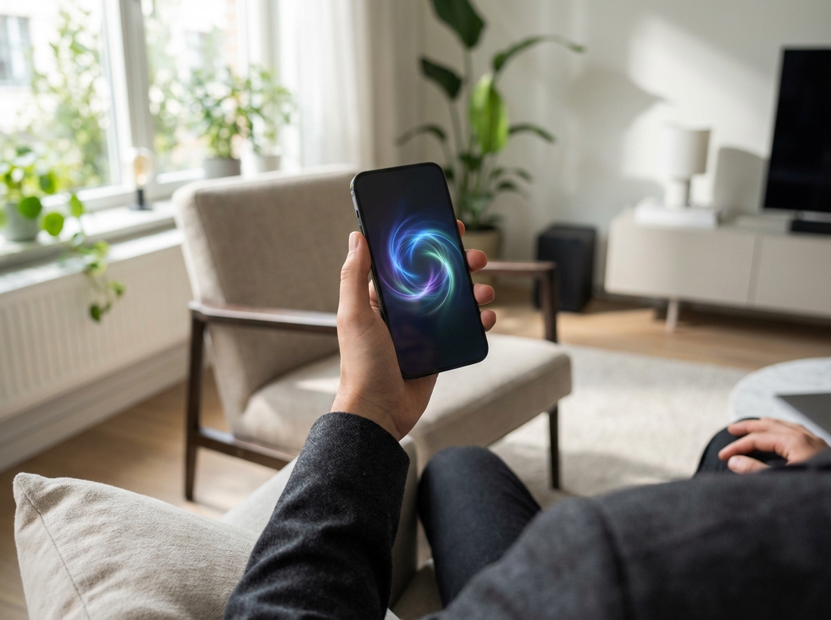 A high-end lifestyle photograph of a person holding a modern smartphone. The screen shows a sophisticated AI assistant glowing with colorful light patterns representing Google Gemini. Natural indoor lighting, high quality, 4:3 aspect ratio, no text.