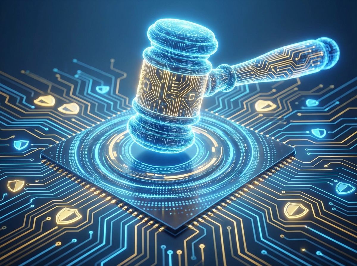 A clean infographic-style illustration of a digital gavel striking a glowing circuit board, representing online safety laws and regulation, blue and gold color palette, professional lighting, 4:3, no visible text