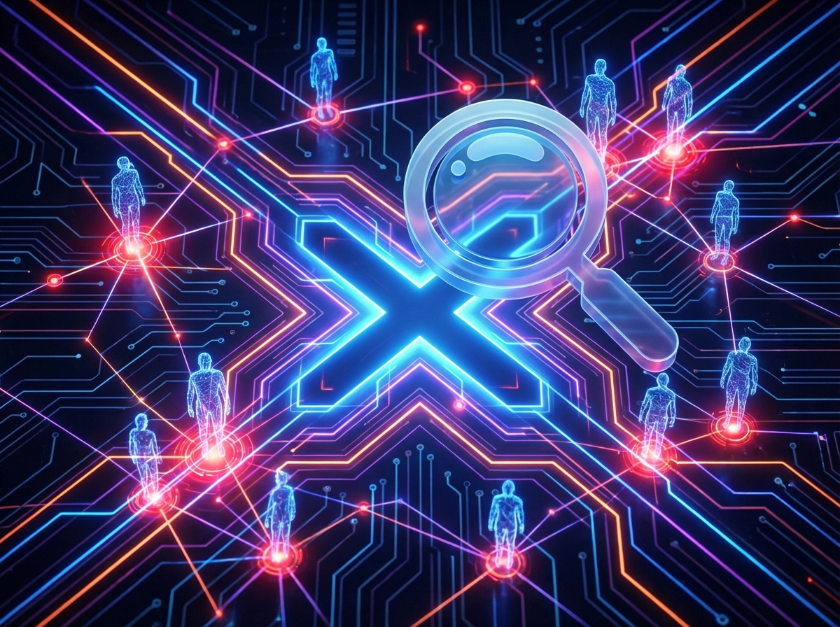 A conceptual digital artwork showing a giant network grid with various human silhouettes connected, some areas glowing red to indicate risk, a magnifying glass hovering over the X logo area, futuristic style, high contrast, 4:3, no visible text