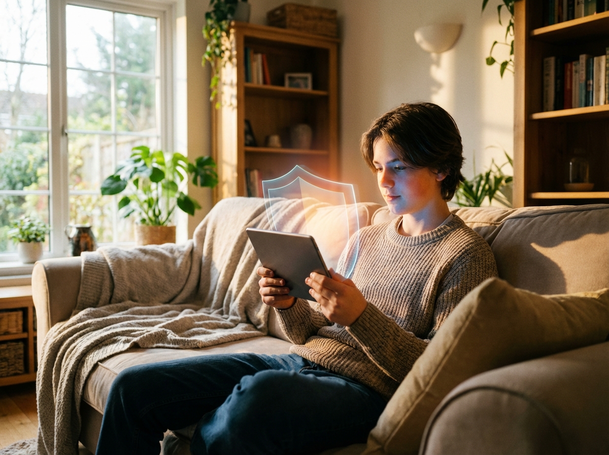 A warm lifestyle photography of a teenager using a tablet safely in a cozy living room, a soft glowing digital shield overlaying the device, representing protection and safety, natural morning light, 4:3, no visible text
