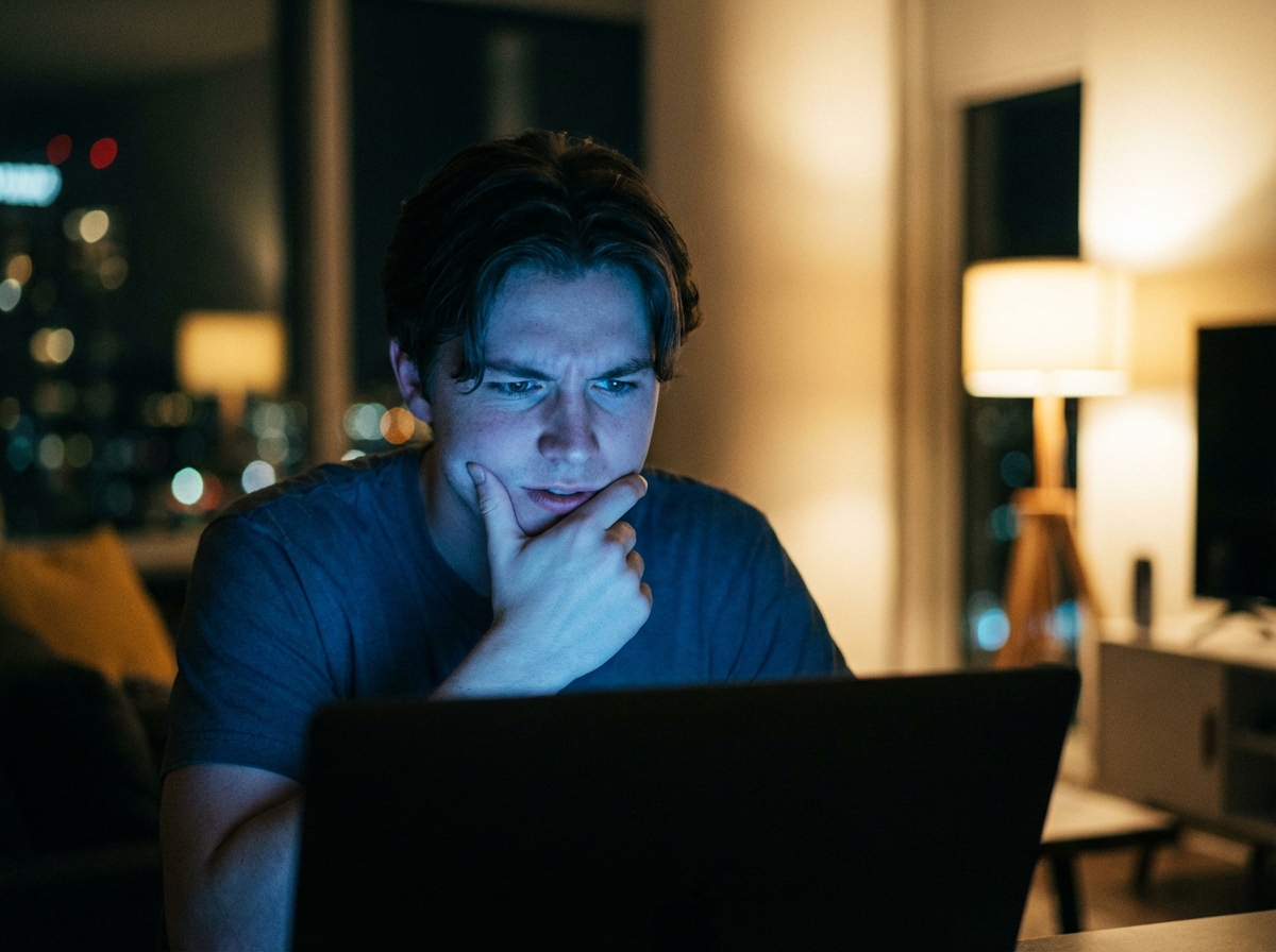 A realistic lifestyle photograph of a young person sitting in a dimly lit modern room, looking at a laptop screen with a puzzled and skeptical facial expression. Reflections of blue light on the face. Warm ambient lighting in the background. High resolution, 4:3 aspect ratio, no text.