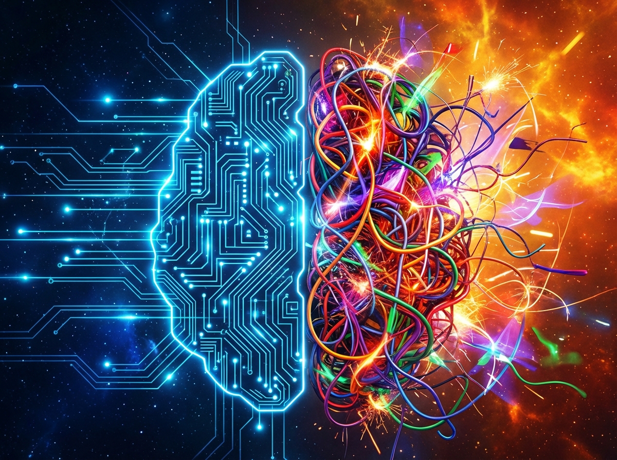Conceptual digital art showing a stylized brain made of glowing circuits and wires, with one side looking orderly and the other side chaotic and colorful. High contrast background with deep blues and vibrant oranges. Artistic rendering, 4:3 aspect ratio, no text.
