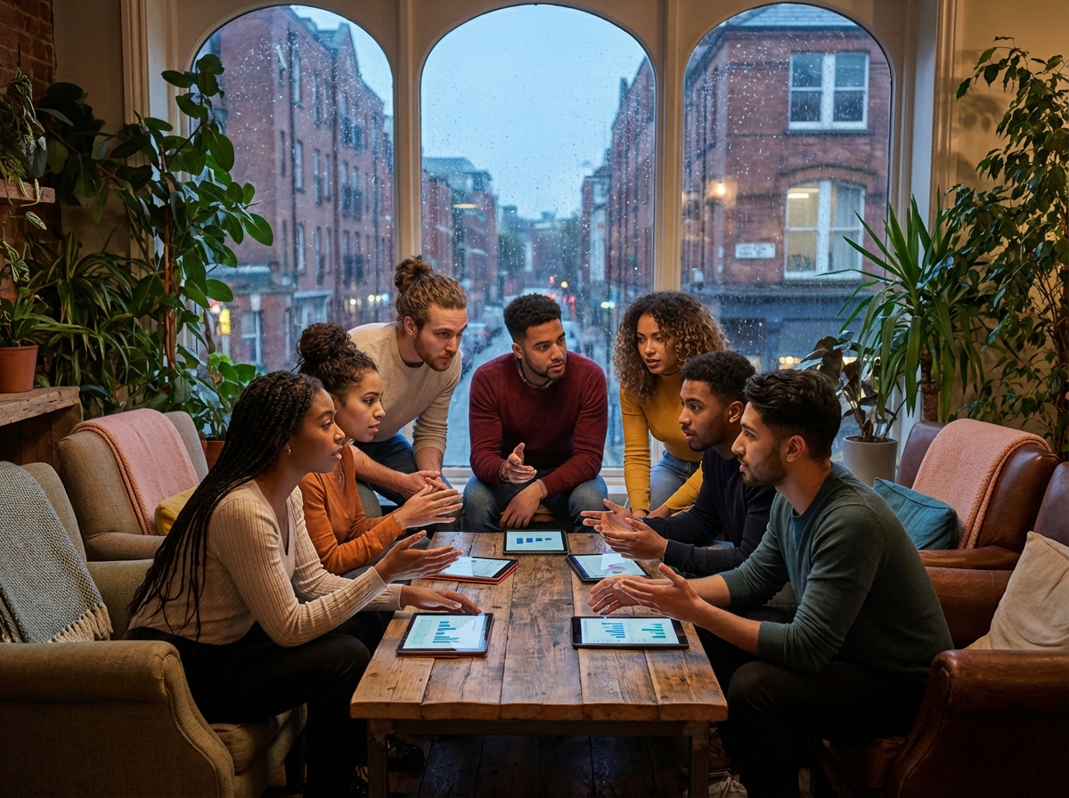 A group of diverse young adults sitting in a cozy, modern cafe, engaged in an earnest discussion. There are digital tablets on the table, and large windows show a blurry city background. Warm, natural lighting. High quality photography, 4:3 aspect ratio, no text.