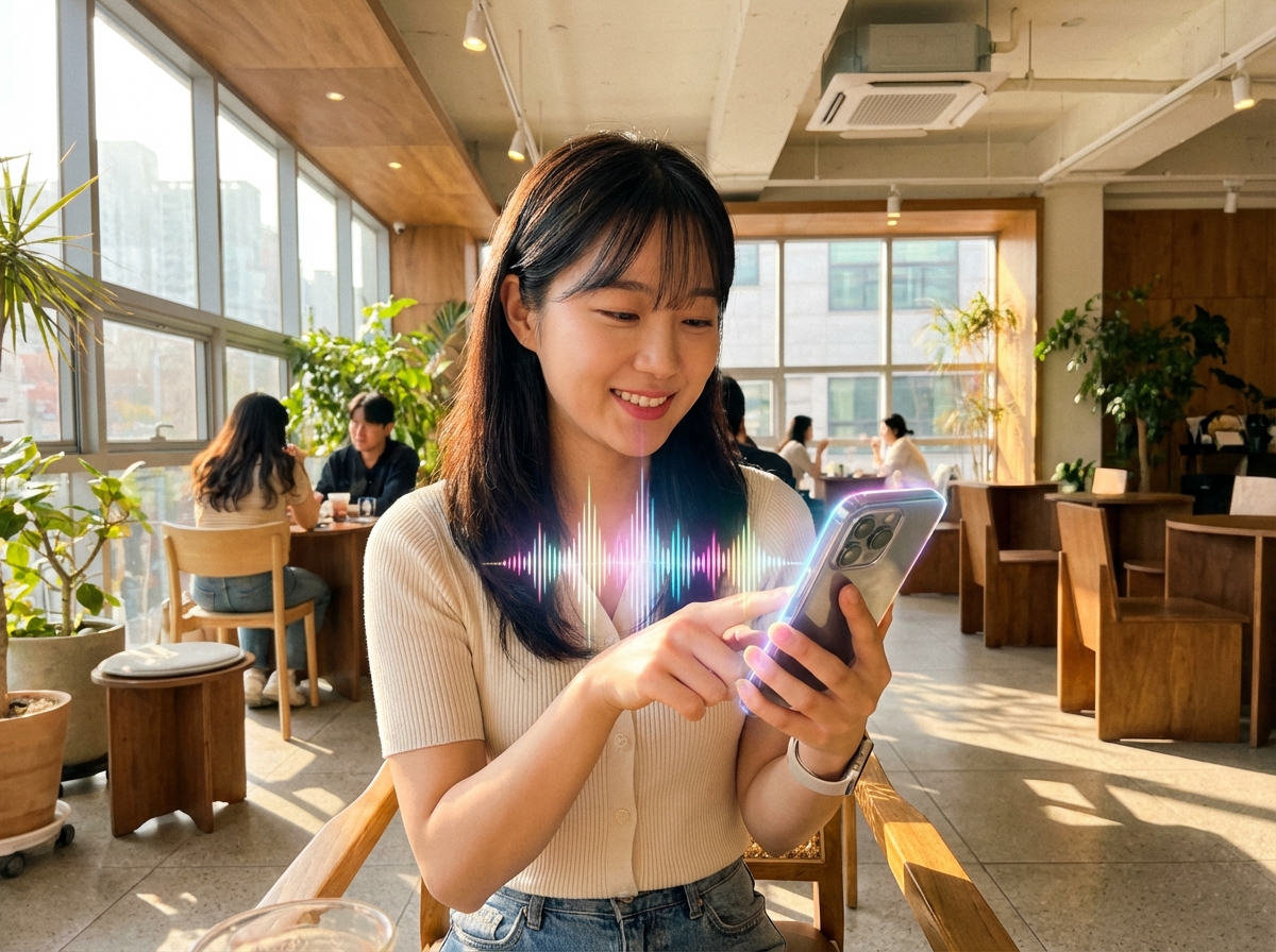 A lifestyle photography of a Korean person holding an iPhone 17, interacting with a futuristic Siri voice wave interface on the screen, warm natural lighting, modern cafe setting, high resolution, 4:3 aspect ratio, no text.