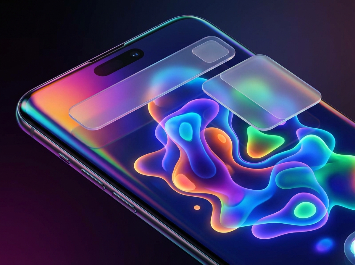 A detailed composition of a smartphone screen showing a colorful and fluid AI voice assistant animation, translucent glassmorphism design elements, vibrant gradients, high-tech feel, 4:3 aspect ratio, no text.